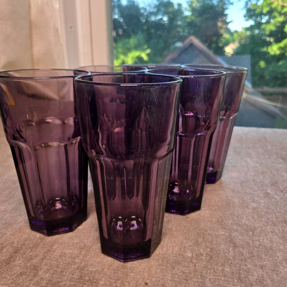 Libbey Gibraltar Amethyst Purple Glass Tumblers Set of 6 Paneled 16oz Drinking